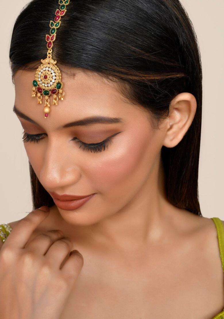 Gold-Plated Stone-Studded Maang Tikka for Women | Traditional Temple Jewellery for Wedding & Festive Wear | Gift for Her - Indya