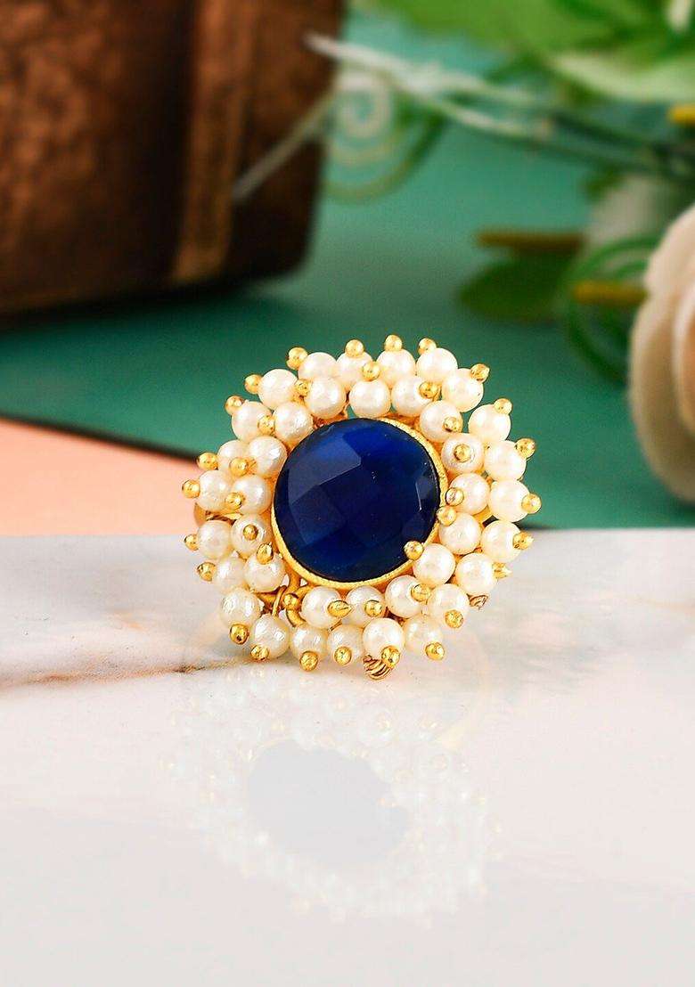 Gold-Plated Pearl-Studded Adjustable Finger Ring for Women | Traditional Temple Jewellery for Wedding & Festive Wear | Gift for Her - Indya