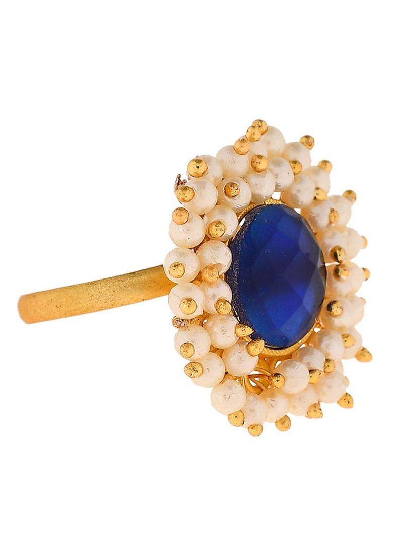 Gold-Plated Pearl-Studded Adjustable Finger Ring for Women | Traditional Temple Jewellery for Wedding & Festive Wear | Gift for Her - Indya
