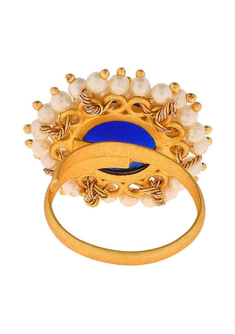 Gold-Plated Pearl-Studded Adjustable Finger Ring for Women | Traditional Temple Jewellery for Wedding & Festive Wear | Gift for Her - Indya