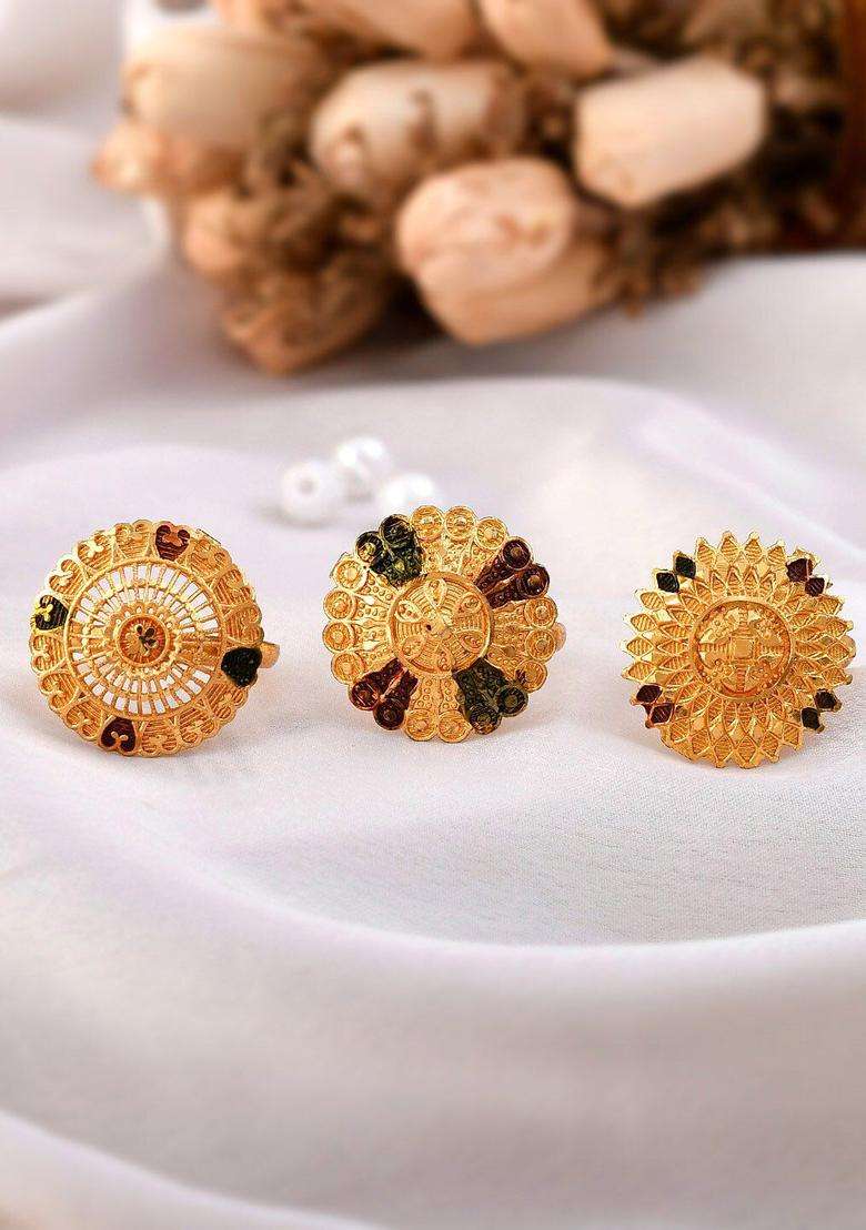 Set of 3 Gold-Plated Meenakari Adjustable Finger Ring for Women | Traditional Temple Jewellery for Wedding & Festive Wear | Gift for Her - Indya