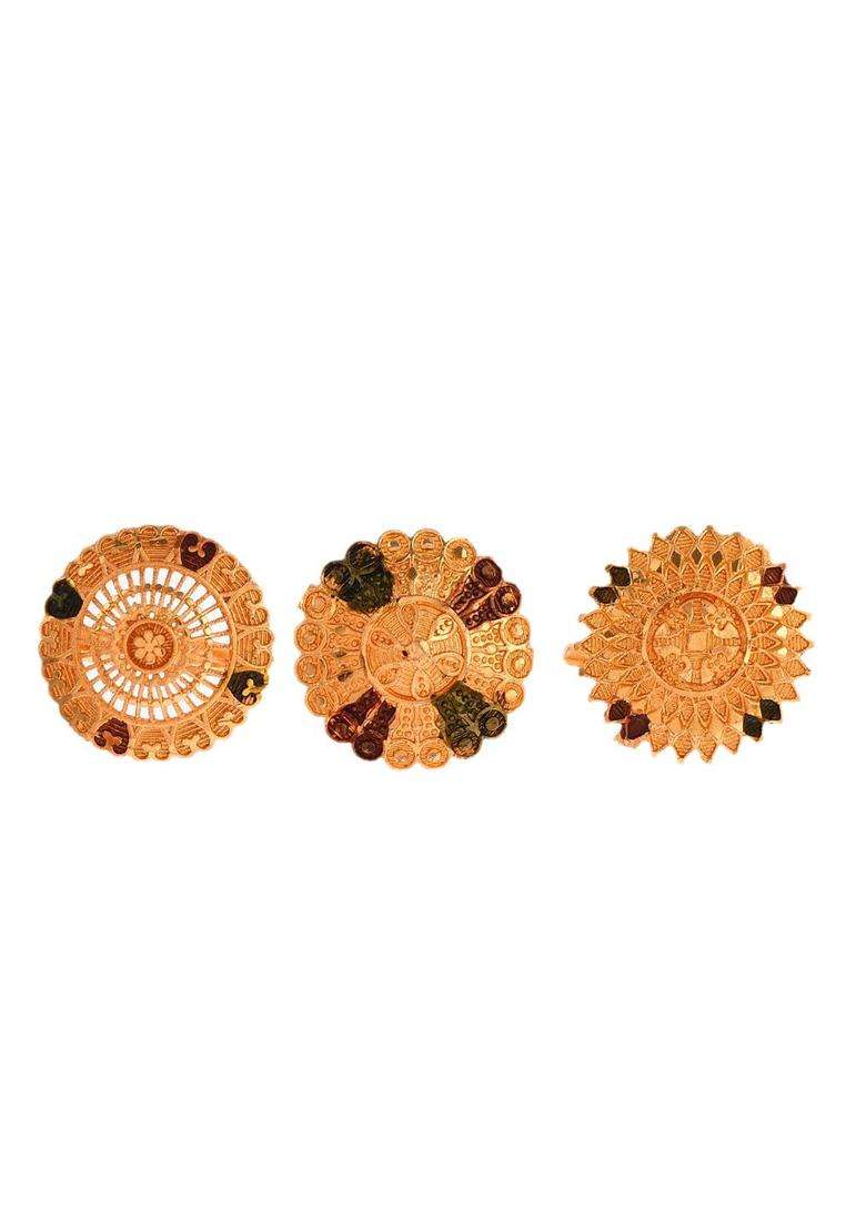 Set of 3 Gold-Plated Meenakari Adjustable Finger Ring for Women | Traditional Temple Jewellery for Wedding & Festive Wear | Gift for Her - Indya