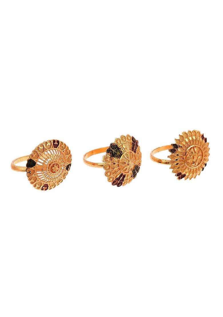 Set of 3 Gold-Plated Meenakari Adjustable Finger Ring for Women | Traditional Temple Jewellery for Wedding & Festive Wear | Gift for Her - Indya