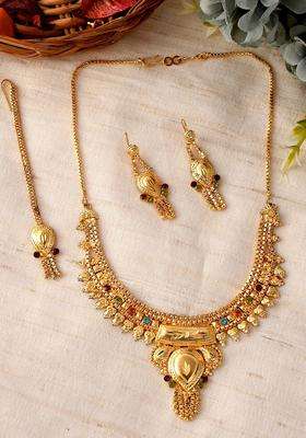 Gold-Plated Maroon Red & Blue Stone-Studded & Beaded Temple Jewellery Set for Women | Traditional Temple Jewellery for Wedding & Festive Wear | Gift for Her