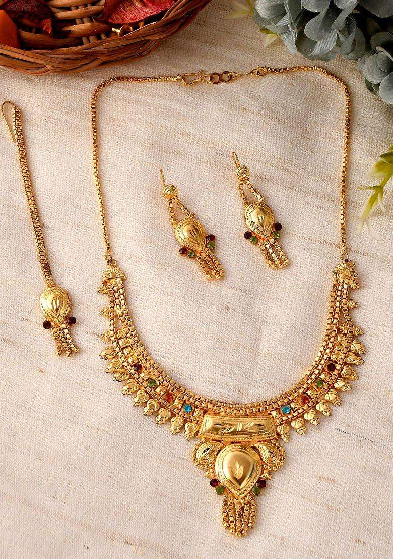 Gold-Plated Maroon Red & Blue Stone-Studded & Beaded Temple Jewellery Set for Women | Traditional Temple Jewellery for Wedding & Festive Wear | Gift for Her - Indya