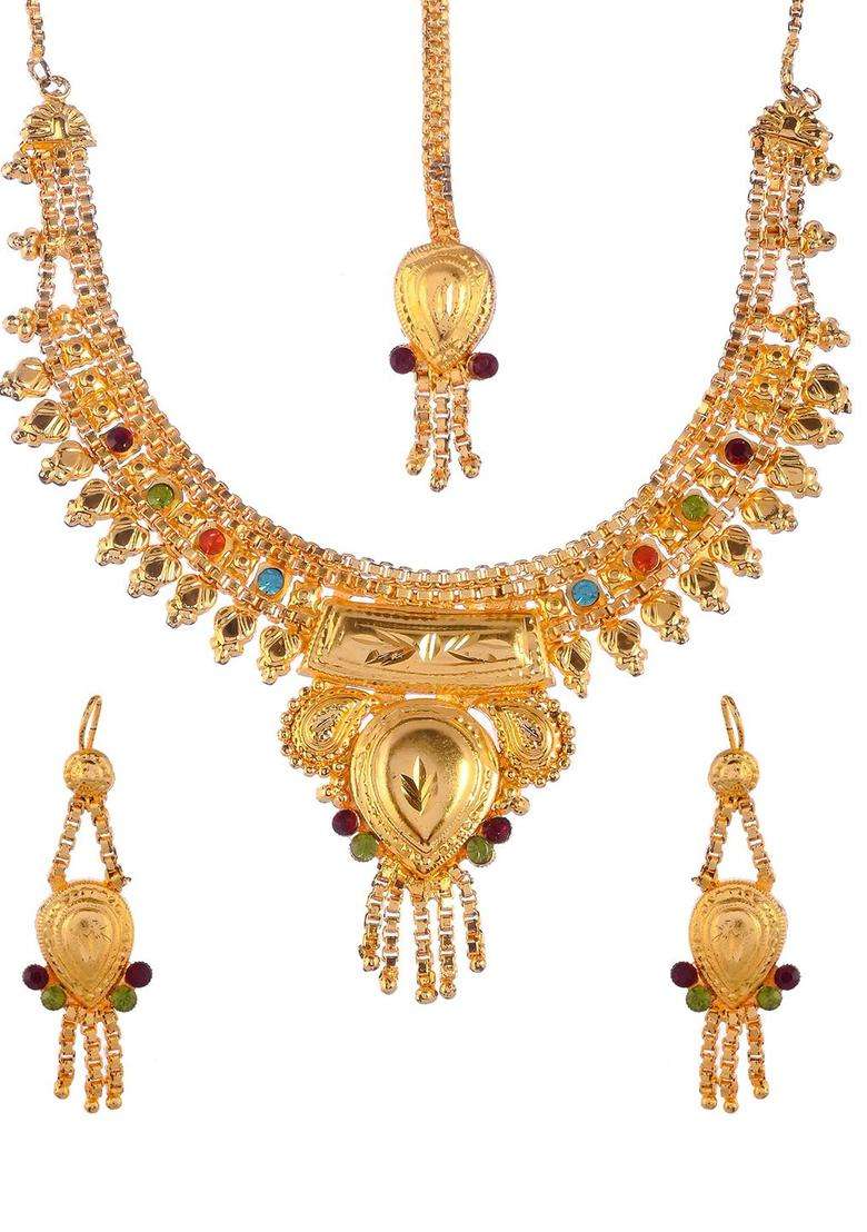 Gold-Plated Maroon Red & Blue Stone-Studded & Beaded Temple Jewellery Set for Women | Traditional Temple Jewellery for Wedding & Festive Wear | Gift for Her - Indya