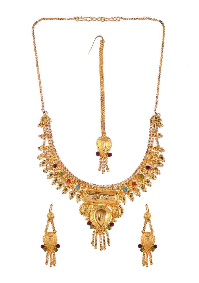 Gold-Plated Maroon Red & Blue Stone-Studded & Beaded Temple Jewellery Set for Women | Traditional Temple Jewellery for Wedding & Festive Wear | Gift for Her - Indya
