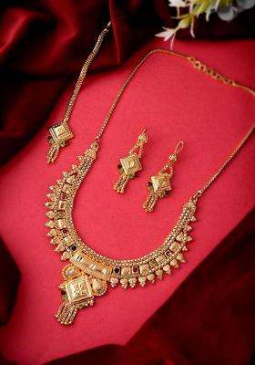 Gold-Plated Red & Green Stone-Studded & Beaded Temple Jewellery Set for Women | Traditional Temple Jewellery for Wedding & Festive Wear | Gift for Her