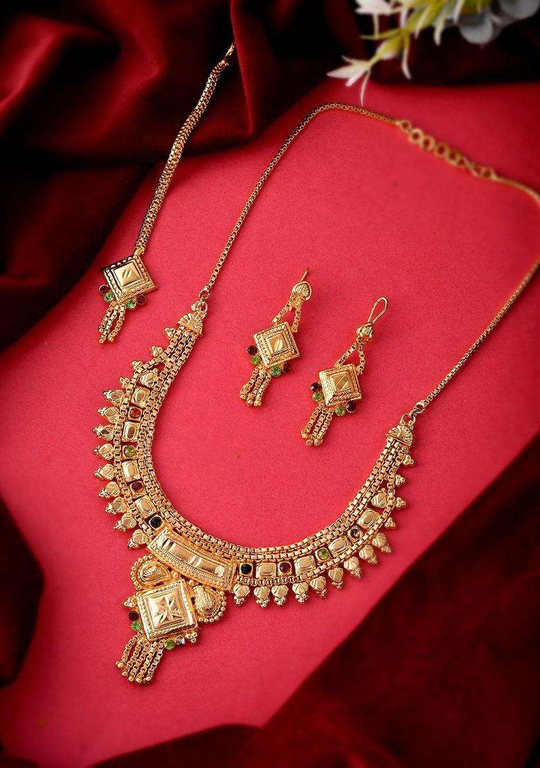 Gold-Plated Red & Green Stone-Studded & Beaded Temple Jewellery Set for Women | Traditional Temple Jewellery for Wedding & Festive Wear | Gift for Her - Indya