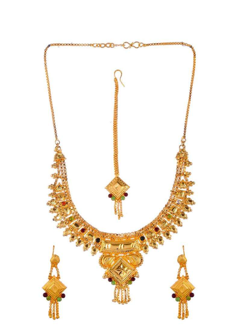Gold-Plated Red & Green Stone-Studded & Beaded Temple Jewellery Set for Women | Traditional Temple Jewellery for Wedding & Festive Wear | Gift for Her - Indya