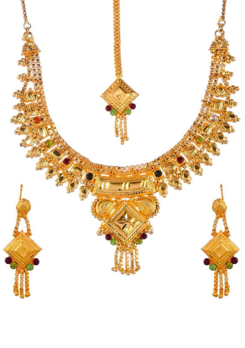 Gold-Plated Red & Green Stone-Studded & Beaded Temple Jewellery Set for Women | Traditional Temple Jewellery for Wedding & Festive Wear | Gift for Her - Indya