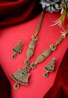 Gold-Plated Red & Green Stone Studded Temple Jewellery Set for Women | Traditional Temple Jewellery for Wedding & Festive Wear | Gift for Her