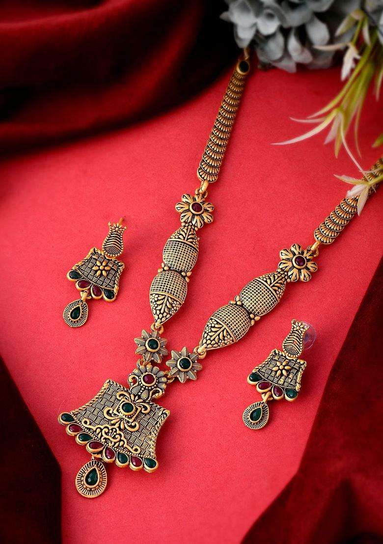 Gold-Plated Red & Green Stone Studded Temple Jewellery Set for Women | Traditional Temple Jewellery for Wedding & Festive Wear | Gift for Her - Indya
