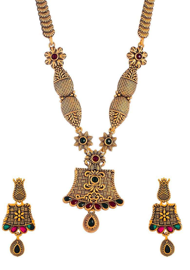 Gold-Plated Red & Green Stone Studded Temple Jewellery Set for Women | Traditional Temple Jewellery for Wedding & Festive Wear | Gift for Her - Indya