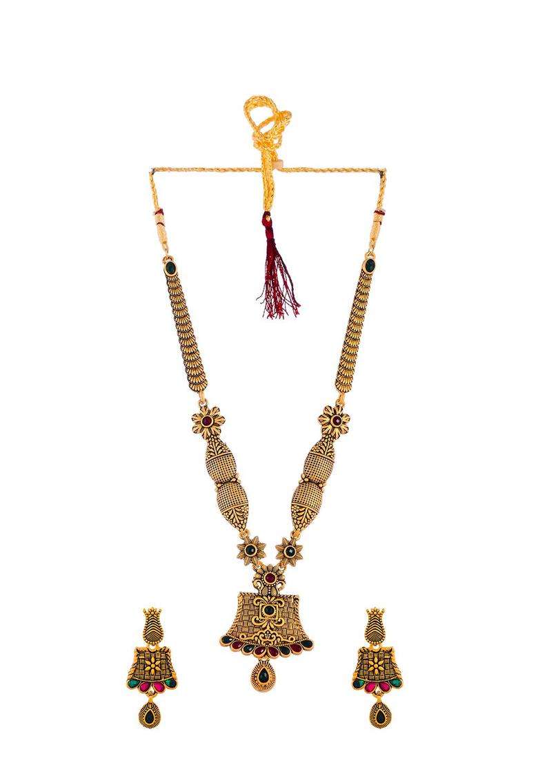 Gold-Plated Red & Green Stone Studded Temple Jewellery Set for Women | Traditional Temple Jewellery for Wedding & Festive Wear | Gift for Her - Indya
