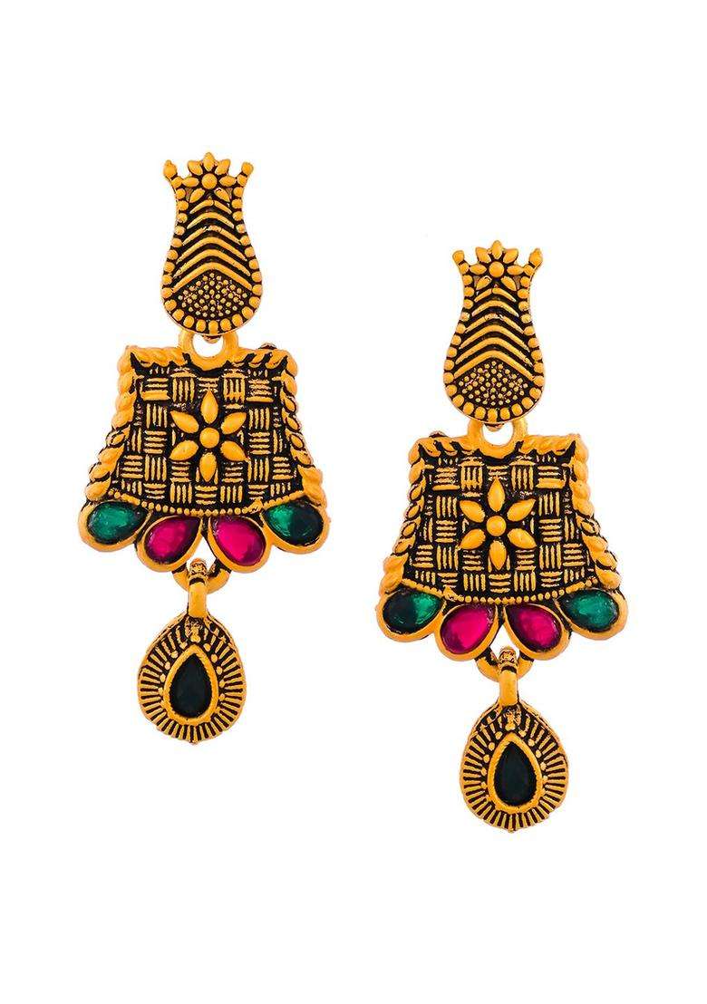 Gold-Plated Red & Green Stone Studded Temple Jewellery Set for Women | Traditional Temple Jewellery for Wedding & Festive Wear | Gift for Her - Indya