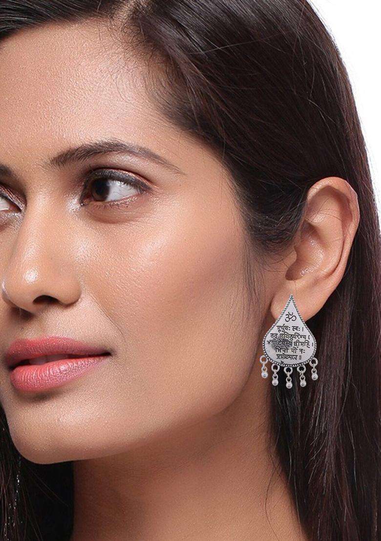 Silver-Plated Oxidised Teardrop Shaped Stud Earrings for Women | Traditional Temple Jewellery for Wedding & Festive Wear | Gift for Her - Indya