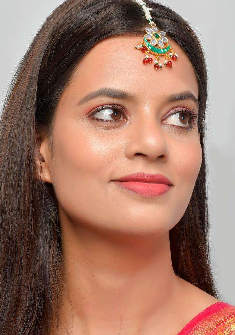 Gold-Plated Green & White Stones Studded Ethnic Traditional Maangtika for Women | Traditional Temple Jewellery for Wedding & Festive Wear | Gift for Her - Indya