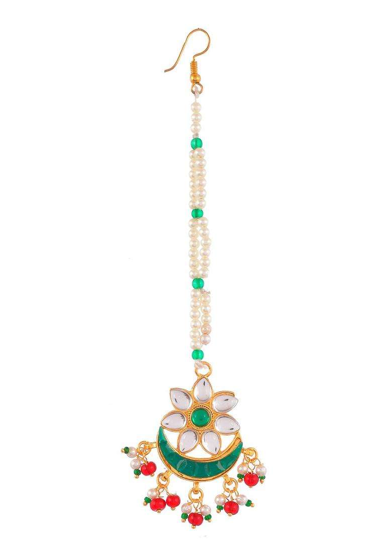 Gold-Plated Green & White Stones Studded Ethnic Traditional Maangtika for Women | Traditional Temple Jewellery for Wedding & Festive Wear | Gift for Her - Indya