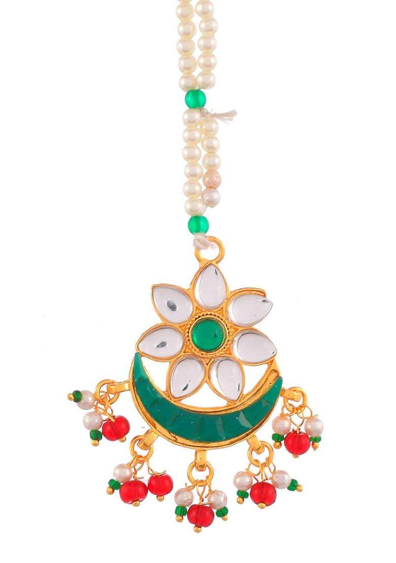 Gold-Plated Green & White Stones Studded Ethnic Traditional Maangtika for Women | Traditional Temple Jewellery for Wedding & Festive Wear | Gift for Her - Indya