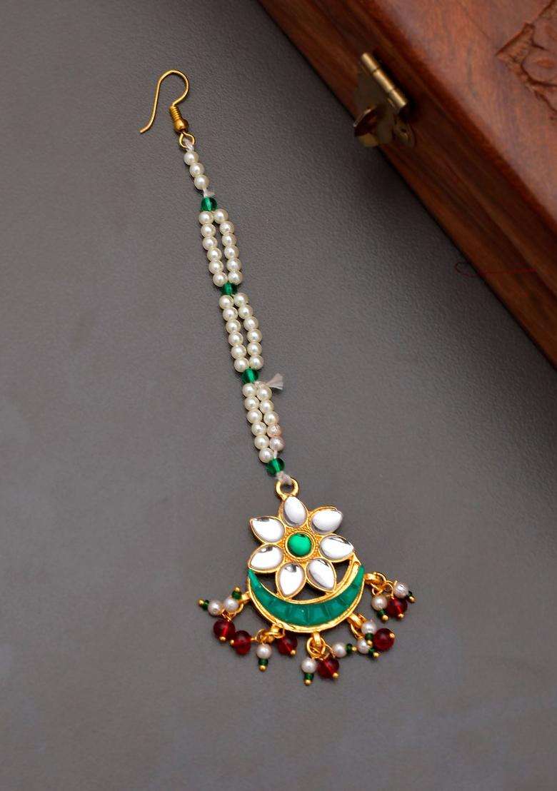 Gold-Plated Green & White Stones Studded Ethnic Traditional Maangtika for Women | Traditional Temple Jewellery for Wedding & Festive Wear | Gift for Her - Indya