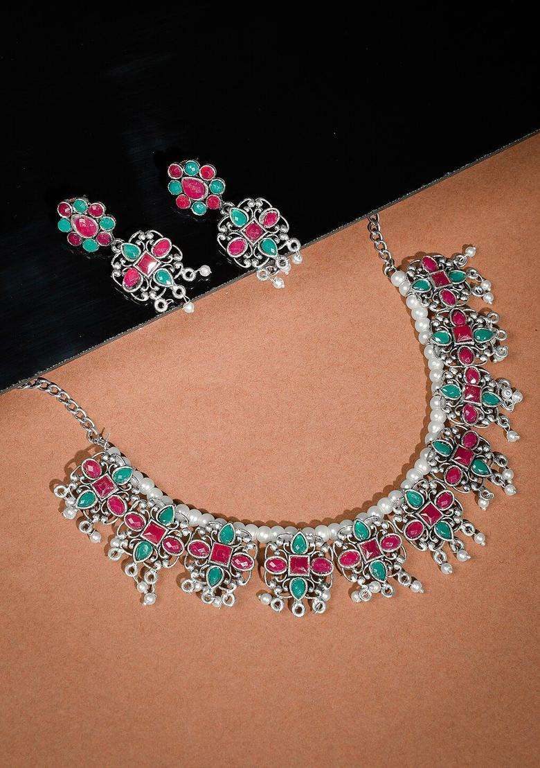 Silver-Plated & Green Stone-Studded Beaded Antique Temple Jewellery Set for Women | Traditional Temple Jewellery for Wedding & Festive Wear | Gift for Her - Indya