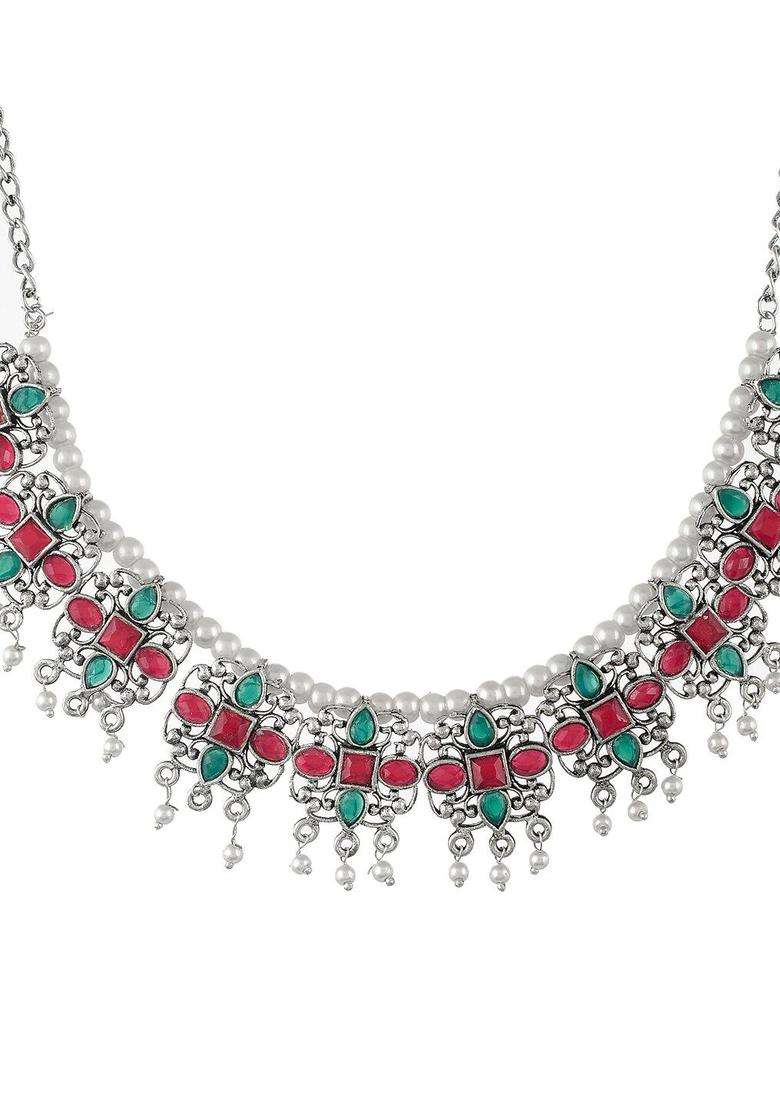 Silver-Plated & Green Stone-Studded Beaded Antique Temple Jewellery Set for Women | Traditional Temple Jewellery for Wedding & Festive Wear | Gift for Her - Indya
