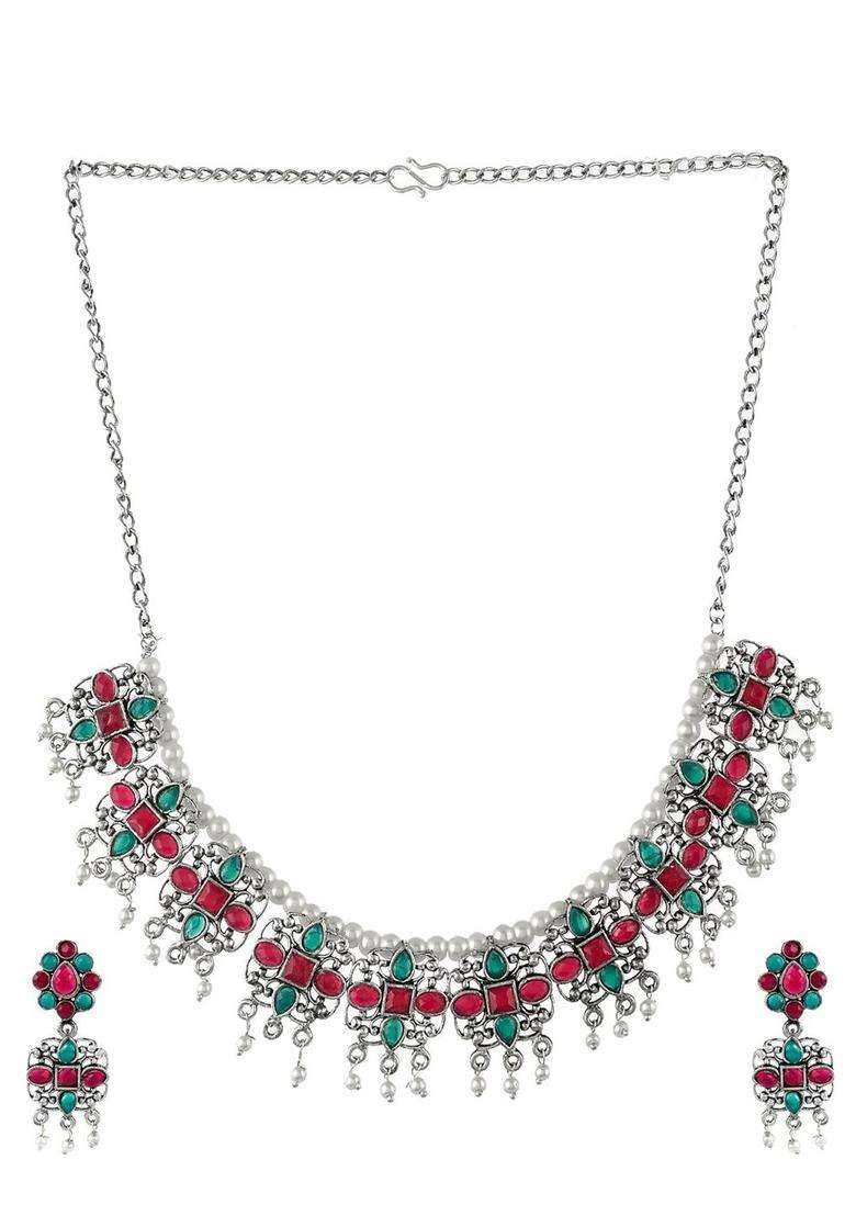 Silver-Plated & Green Stone-Studded Beaded Antique Temple Jewellery Set for Women | Traditional Temple Jewellery for Wedding & Festive Wear | Gift for Her - Indya