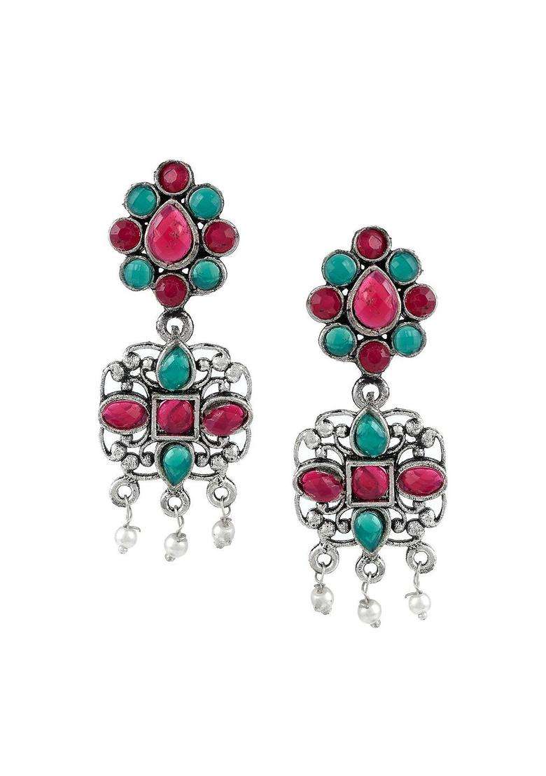 Silver-Plated & Green Stone-Studded Beaded Antique Temple Jewellery Set for Women | Traditional Temple Jewellery for Wedding & Festive Wear | Gift for Her - Indya