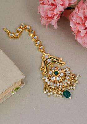 Gold-Plated White & Green Stone-Studded & Beaded Traditional Maang Tika for Women | Traditional Temple Jewellery for Wedding & Festive Wear | Gift for Her