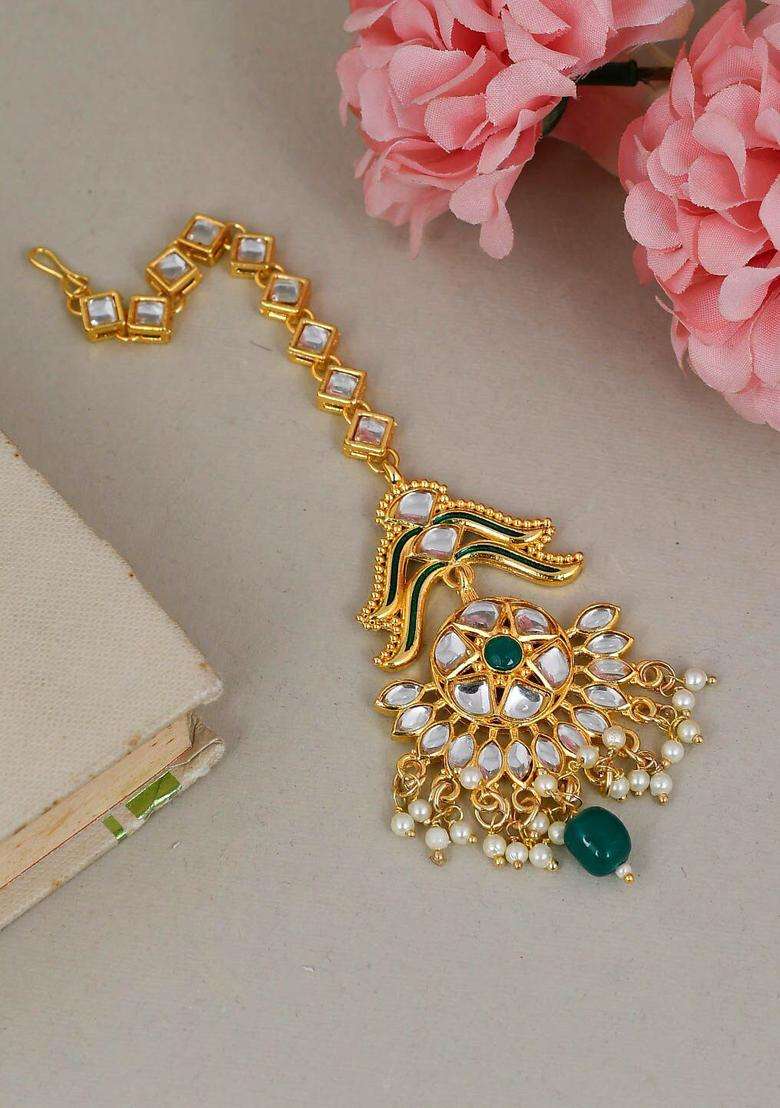 Gold-Plated White & Green Stone-Studded & Beaded Traditional Maang Tika for Women | Traditional Temple Jewellery for Wedding & Festive Wear | Gift for Her - Indya