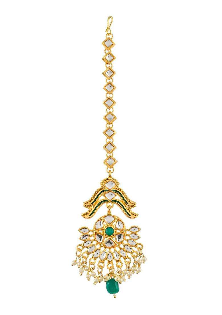Gold-Plated White & Green Stone-Studded & Beaded Traditional Maang Tika for Women | Traditional Temple Jewellery for Wedding & Festive Wear | Gift for Her - Indya