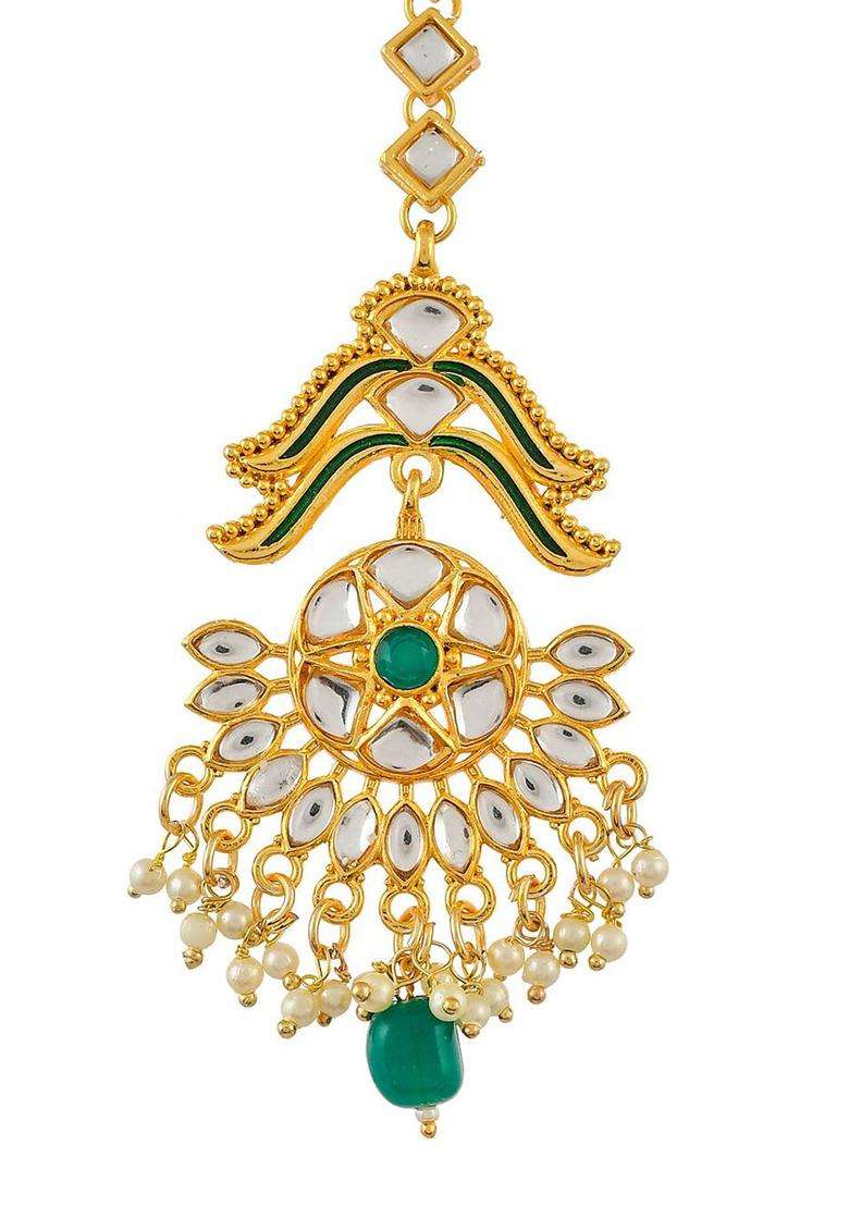 Gold-Plated White & Green Stone-Studded & Beaded Traditional Maang Tika for Women | Traditional Temple Jewellery for Wedding & Festive Wear | Gift for Her - Indya