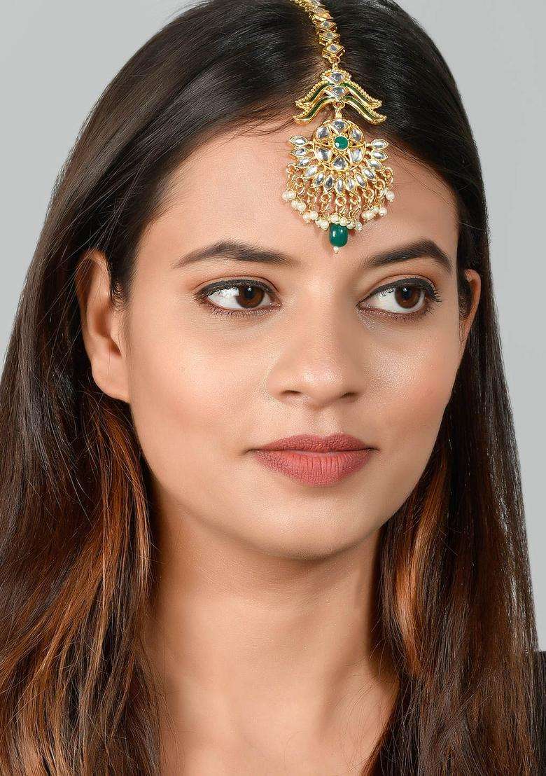 Gold-Plated White & Green Stone-Studded & Beaded Traditional Maang Tika for Women | Traditional Temple Jewellery for Wedding & Festive Wear | Gift for Her - Indya