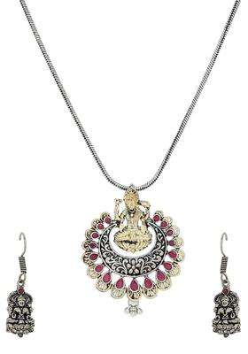 Oxidised Silver-Plated Gold-Toned & Pink Quartz-Studded Temple Jewellery Set for Women | Traditional Temple Jewellery for Wedding & Festive Wear | Gift for Her