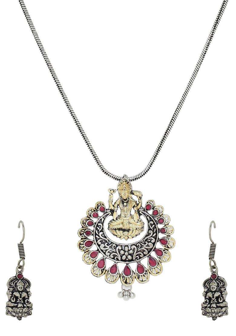 Oxidised Silver-Plated Gold-Toned & Pink Quartz-Studded Temple Jewellery Set for Women | Traditional Temple Jewellery for Wedding & Festive Wear | Gift for Her - Indya