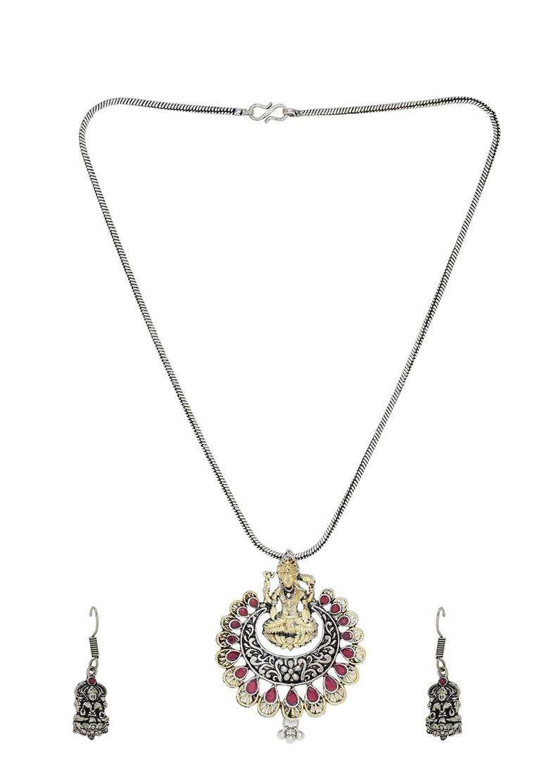 Oxidised Silver-Plated Gold-Toned & Pink Quartz-Studded Temple Jewellery Set for Women | Traditional Temple Jewellery for Wedding & Festive Wear | Gift for Her - Indya