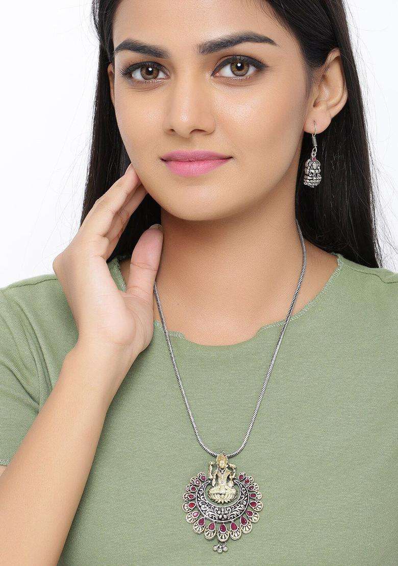 Oxidised Silver-Plated Gold-Toned & Pink Quartz-Studded Temple Jewellery Set for Women | Traditional Temple Jewellery for Wedding & Festive Wear | Gift for Her - Indya