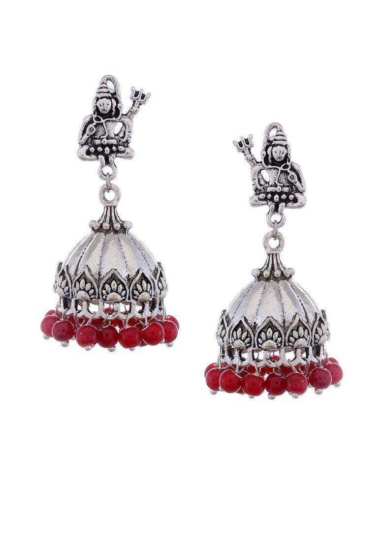 Silver-Toned & Red Dome Shaped Jhumkas for Women | Traditional Temple Jewellery for Wedding & Festive Wear | Gift for Her - Indya