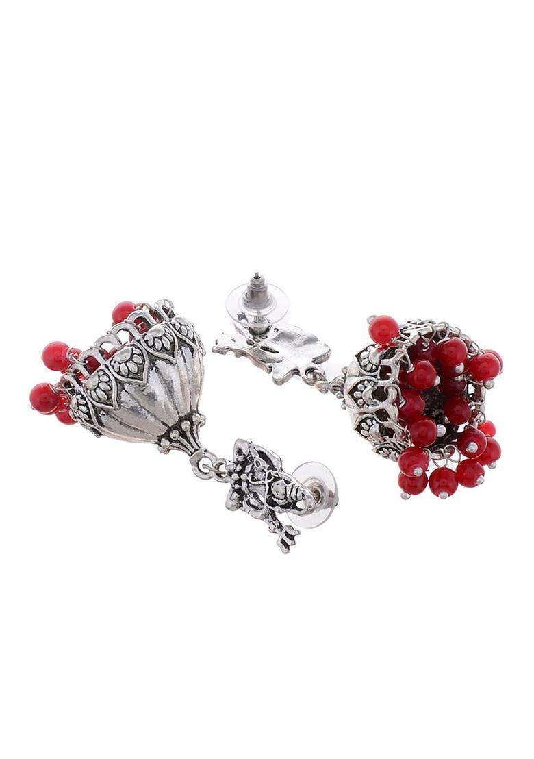 Silver-Toned & Red Dome Shaped Jhumkas for Women | Traditional Temple Jewellery for Wedding & Festive Wear | Gift for Her - Indya