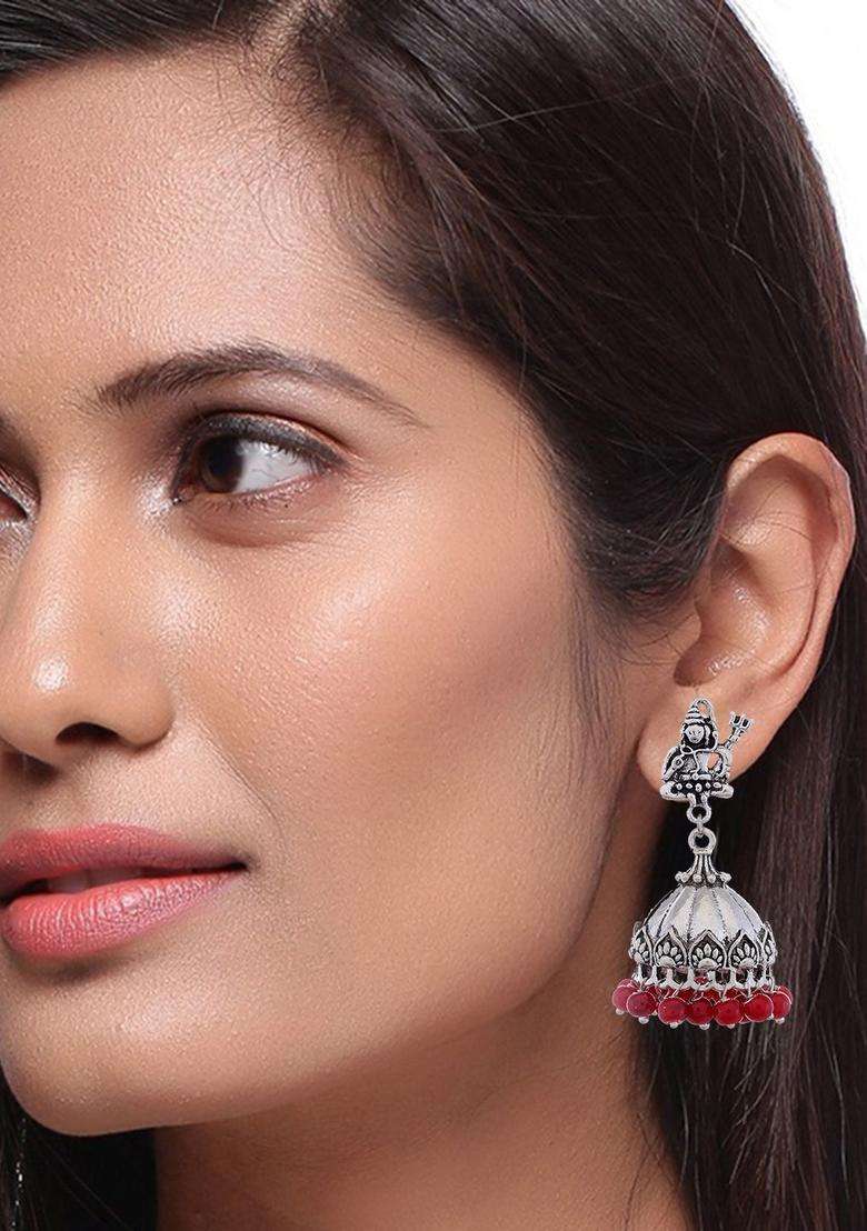 Silver-Toned & Red Dome Shaped Jhumkas for Women | Traditional Temple Jewellery for Wedding & Festive Wear | Gift for Her - Indya