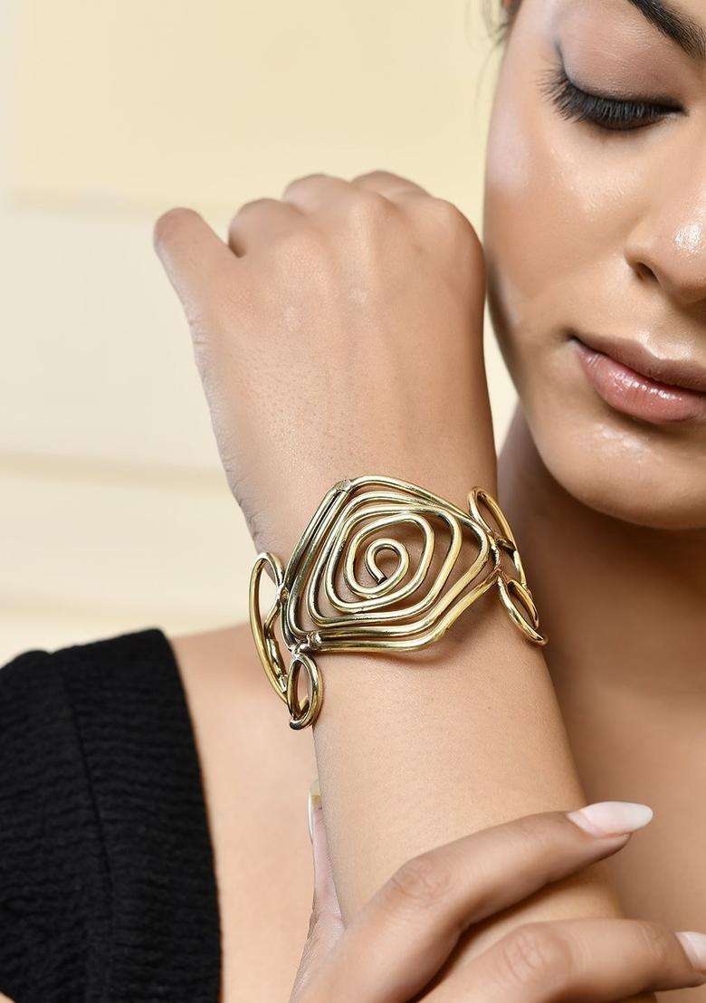 Brass Temple Gold-Plated Cuff Bracelet for Women | Stylish Party & Everyday Wear | Gift for Her - Indya