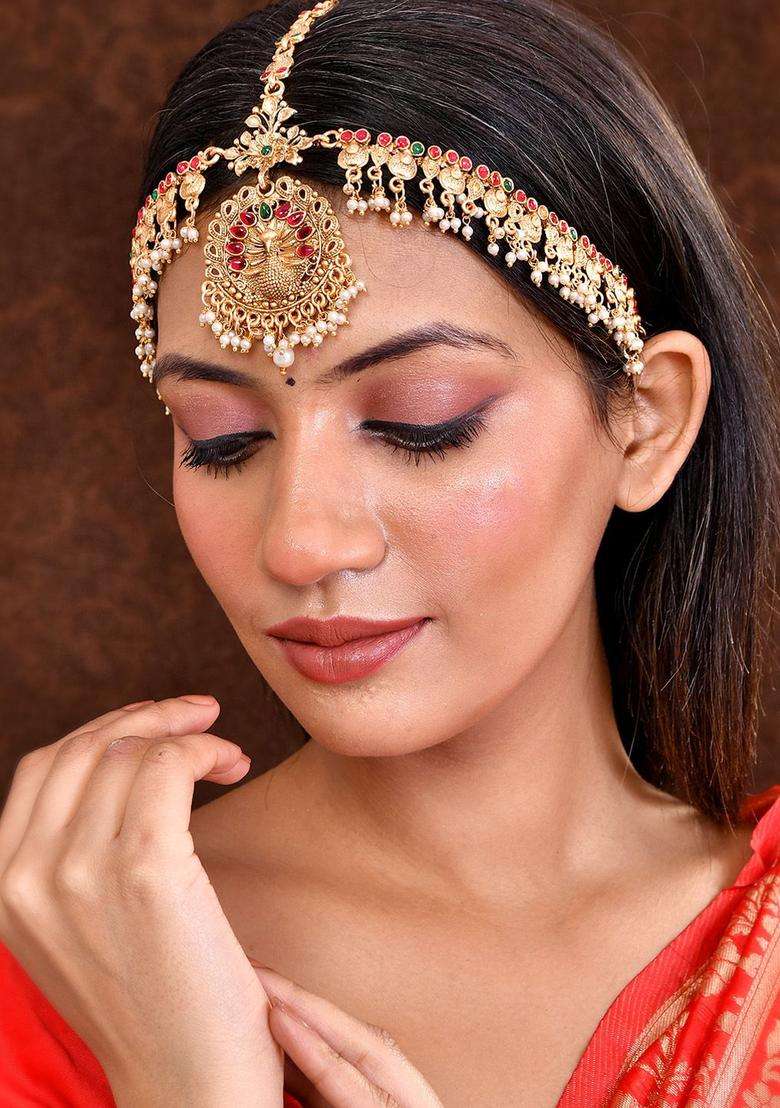 Gold-Plated Pearls Studded Matha Patti Head Jewellery for Women | Traditional Temple Jewellery for Wedding & Festive Wear | Gift for Her - Indya
