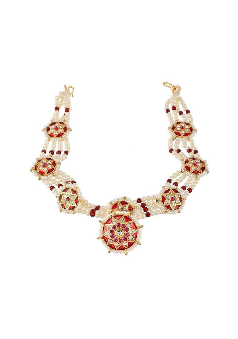 Gold-Plated Red & White Stone-Studded Mathapatti with Borla for Women | Traditional Temple Jewellery for Wedding & Festive Wear | Gift for Her - Indya