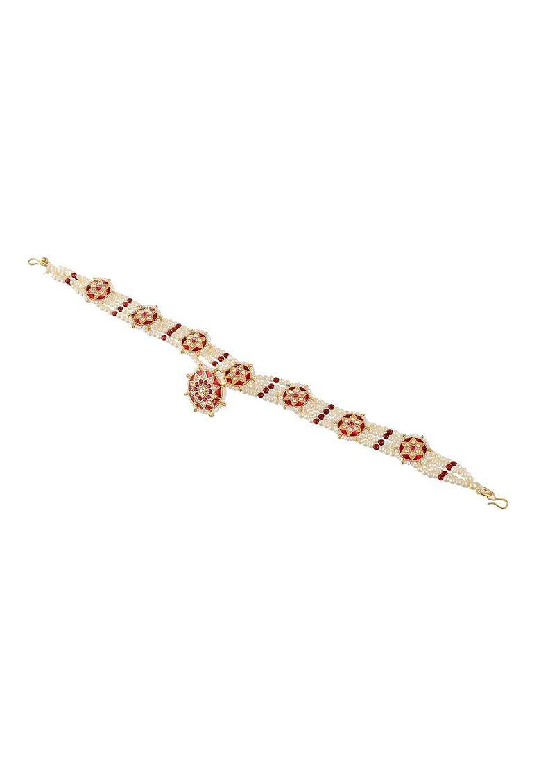 Gold-Plated Red & White Stone-Studded Mathapatti with Borla for Women | Traditional Temple Jewellery for Wedding & Festive Wear | Gift for Her - Indya