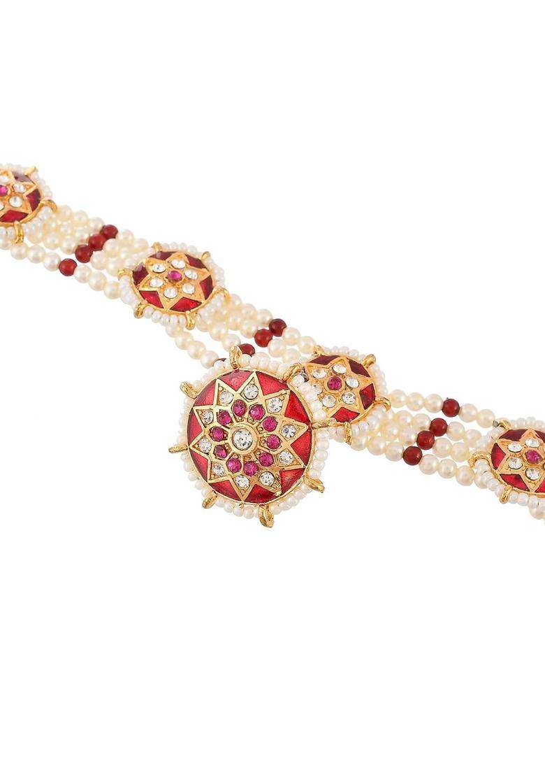 Gold-Plated Red & White Stone-Studded Mathapatti with Borla for Women | Traditional Temple Jewellery for Wedding & Festive Wear | Gift for Her - Indya