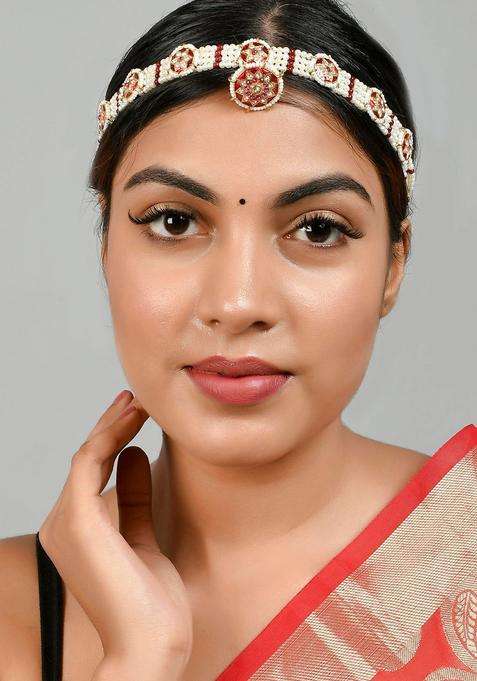 Gold-Plated Red & White Stone-Studded Mathapatti with Borla for Women | Traditional Temple Jewellery for Wedding & Festive Wear | Gift for Her
