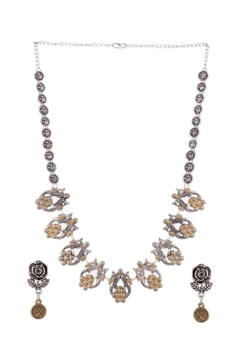 Traditional Silver & Gold Tone Rose Ethnic Long Necklace with Earrings for for Women | Traditional Temple Jewellery for Wedding & Festive Wear | Gift for Her - Indya