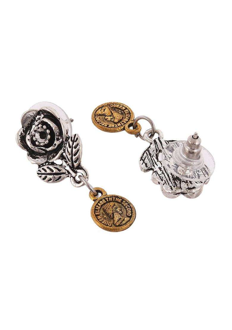 Traditional Silver & Gold Tone Rose Ethnic Long Necklace with Earrings for for Women | Traditional Temple Jewellery for Wedding & Festive Wear | Gift for Her - Indya