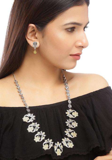Traditional Silver & Gold Tone Rose Ethnic Long Necklace with Earrings for for Women | Traditional Temple Jewellery for Wedding & Festive Wear | Gift for Her